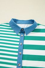 Green Stripe Color Collar Half Buttons T Shirt Top - Image 5