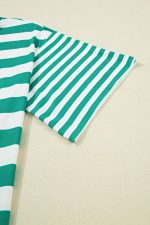 Green Stripe Color Collar Half Buttons T Shirt Top - Image 3