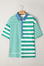 Green Stripe Color Collar Half Buttons T Shirt Top