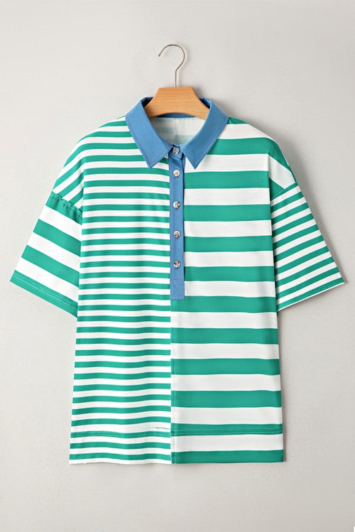 23674249_728d8926-e9ee-44dc-855a-d31930eadc60.jpg Green Stripe Color Collar Half Buttons T Shirt Top - Image 1