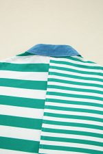 Green Stripe Color Collar Half Buttons T Shirt Top - Image 6