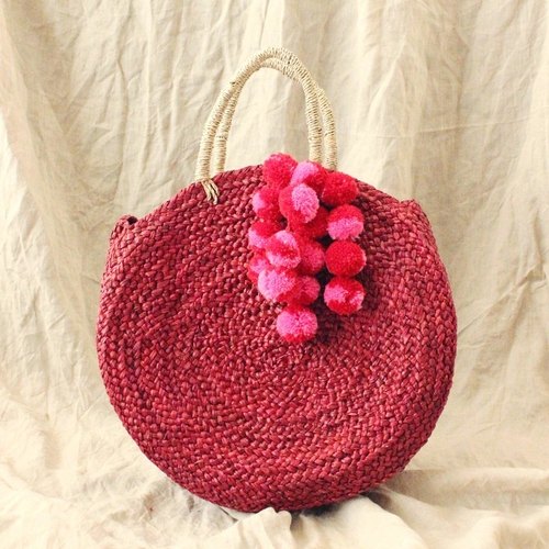 Red Luna Bag - Round Handwoven Straw Tote Bag with - Image 1