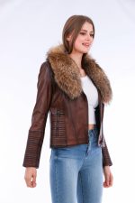 Ravenna Leather Biker Jacket - Brown - Image 2