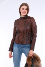 Ravenna Leather Biker Jacket - Brown - Image 14
