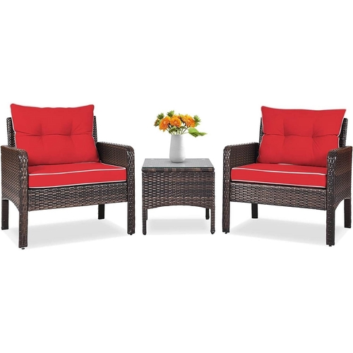 RDTPFSW189458624.jpg 3-Piece Brown PE Rattan Outdoor Dining Patio Furniture Set with Red - Image 1