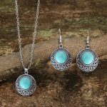 Retro Antique Turquoise Pendant Necklace & Earrings Set - Image 2