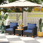 3 Pieces Patio Wicker Furniture Set with Cushions and Acacia Wood - Image 2
