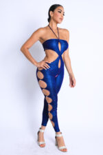 Glittery Cutout Halter Neck Keyhole Sexy Party Jumpsuit BLUE/FUCHSIA - Image 2
