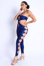 Glittery Cutout Halter Neck Keyhole Sexy Party Jumpsuit BLUE/FUCHSIA - Image 5