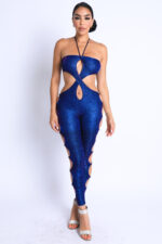 Glittery Cutout Halter Neck Keyhole Sexy Party Jumpsuit BLUE/FUCHSIA - Image 6