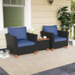 3 Pieces Patio Wicker Furniture Set with Cushions and Acacia Wood - Image 3