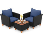 3 Pieces Patio Wicker Furniture Set with Cushions and Acacia Wood - Image 4